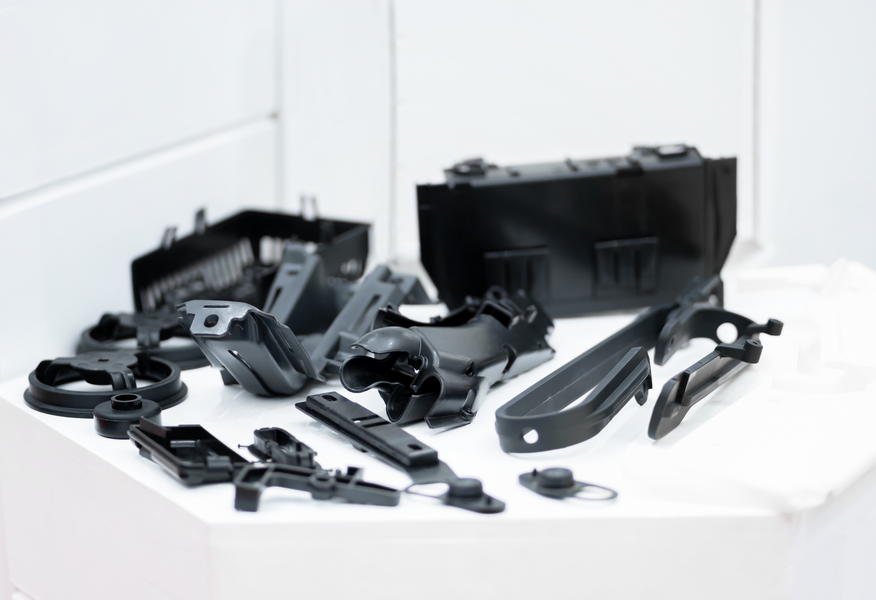 A collection of black automotive plastic components displayed on a white surface, including housings, brackets, covers, clips, and interior trim parts used in vehicle manufacturing and assembly.