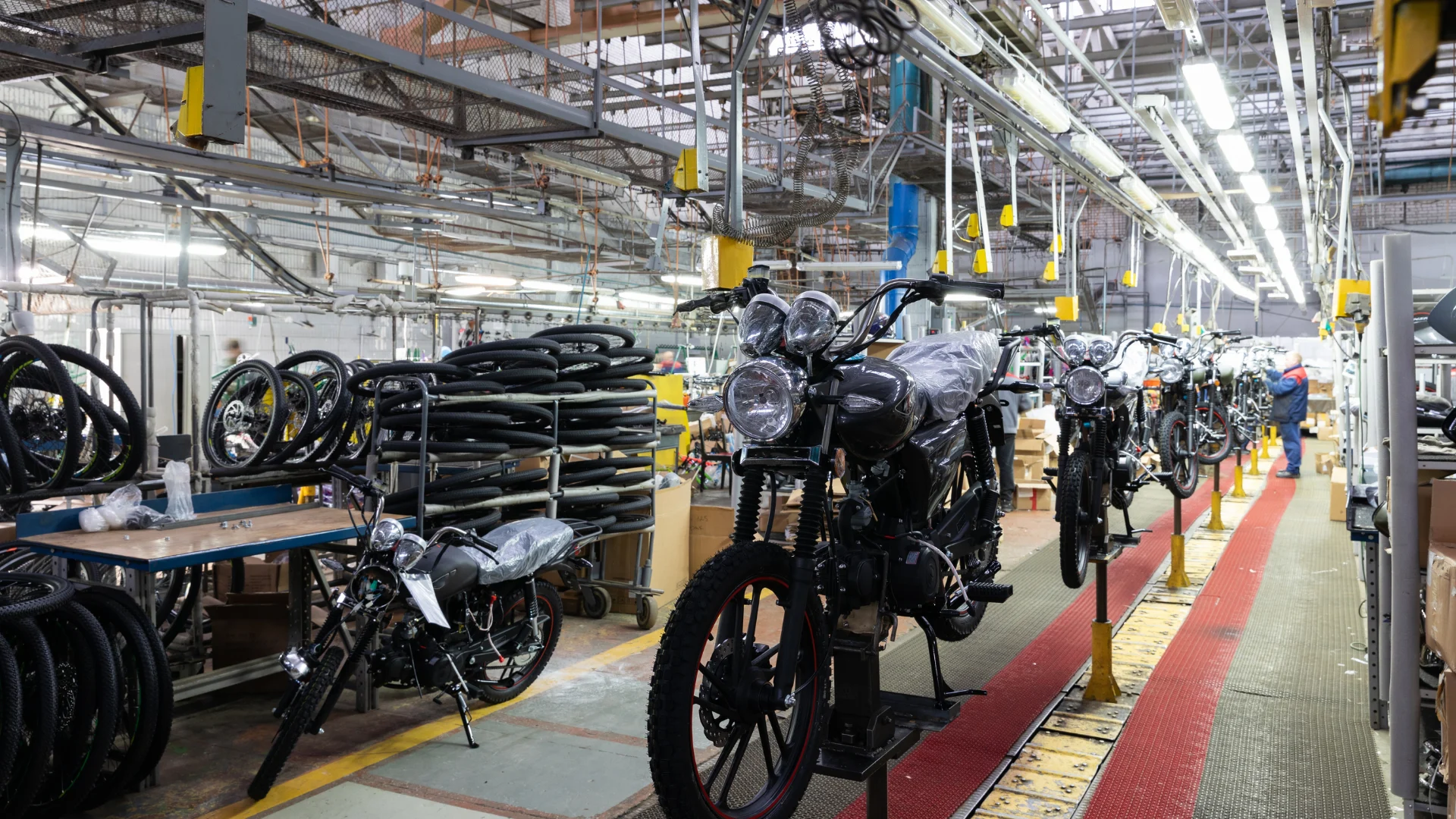 modern motorcycle assembly line of motorcycles and scooters