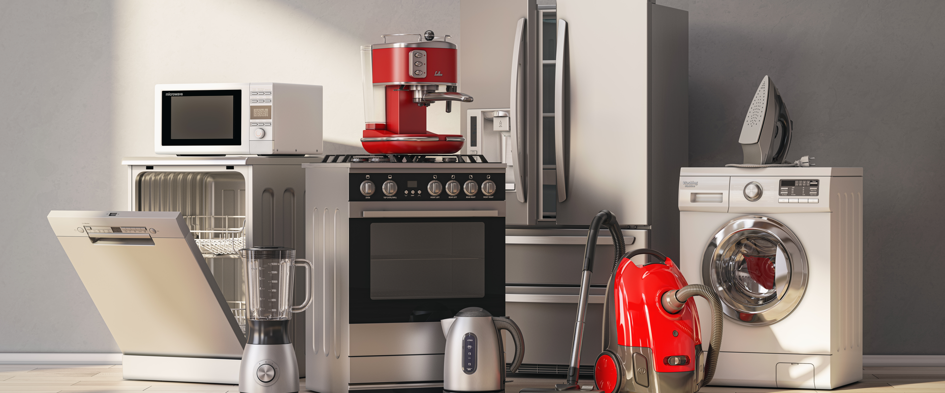 Collection of household appliances including a refrigerator, oven, dishwasher, washing machine, microwave, coffee machine, vacuum cleaner, kettle and blender arranged in a modern kitchen setting.